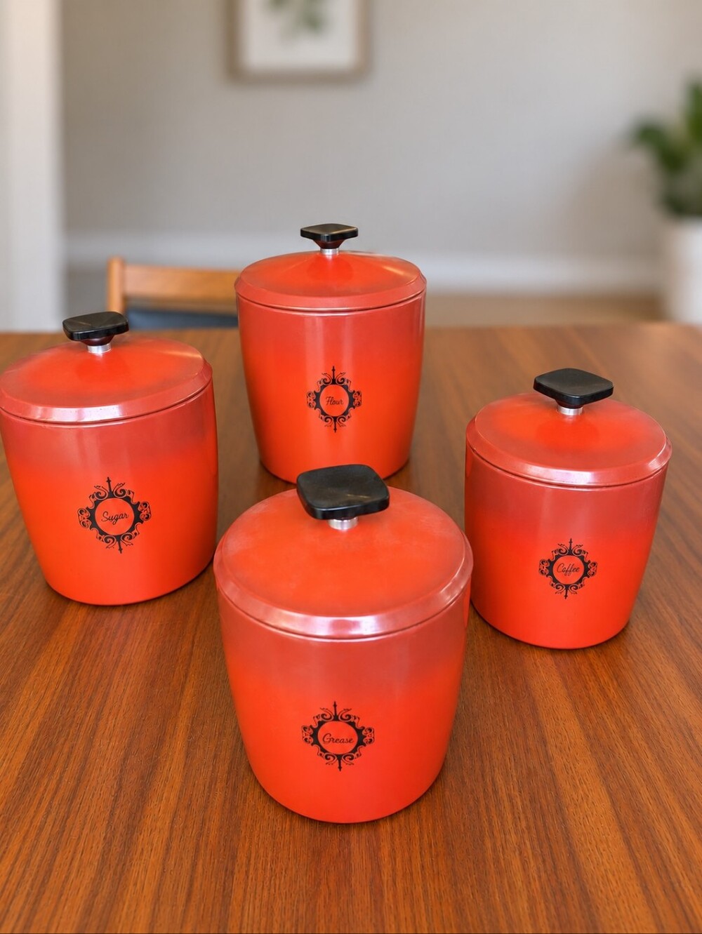Vintage West Bend Red Aluminum Canister Set Flour Sugar Coffee Grease MCM